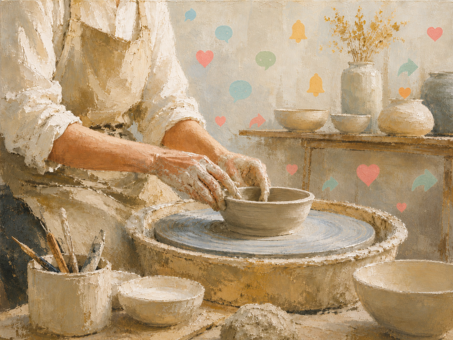 Illustration of a business owner working while social media icons float quietly in the background