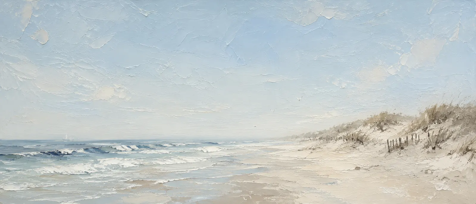 Original oil painting of a serene beach with soft waves, pale sand, and a distant horizon under a quiet sky