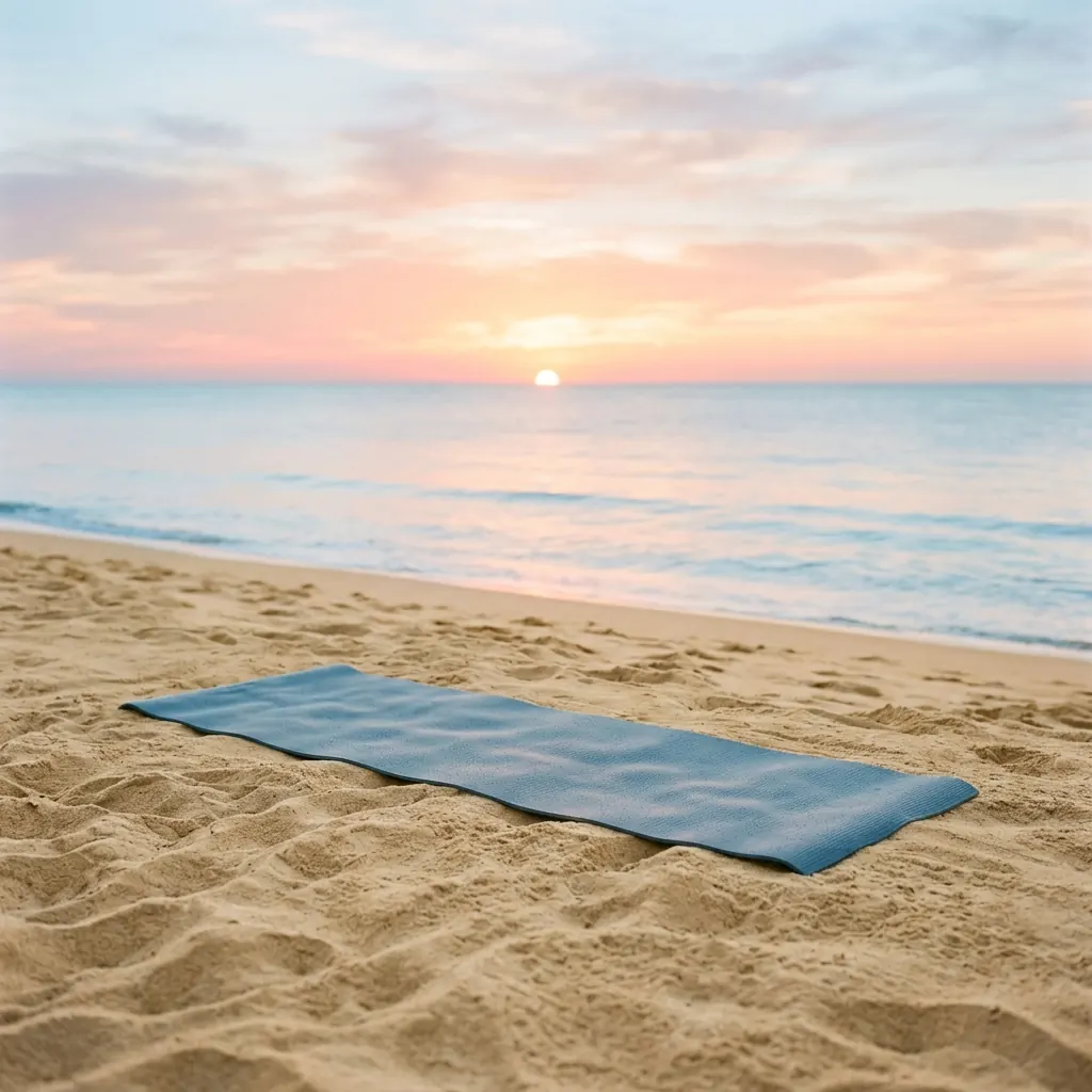 Yoga mat unrolled on soft sand at sunrise with pastel sky