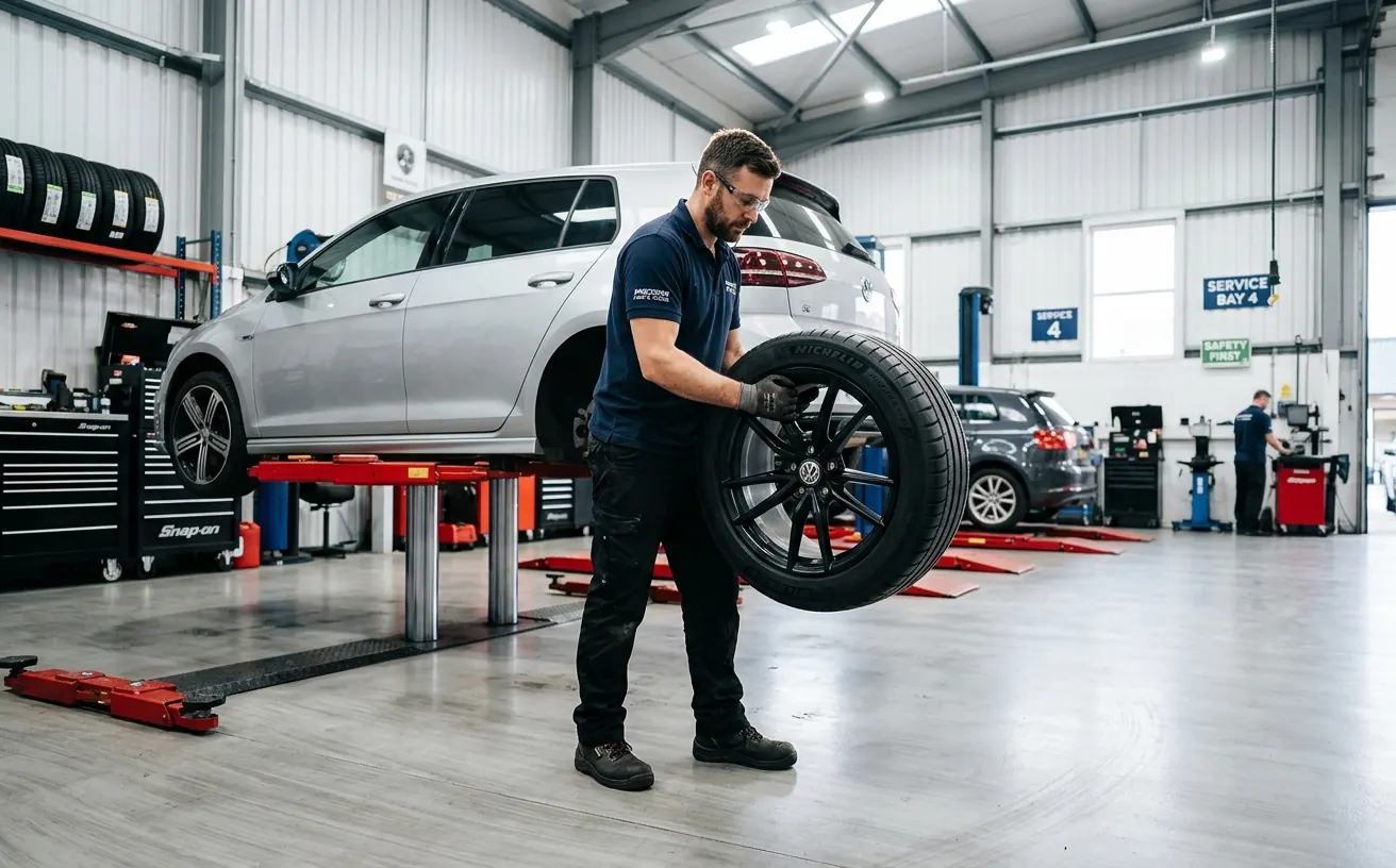 Mechanic in a clean workshop rotating a tire on a lift