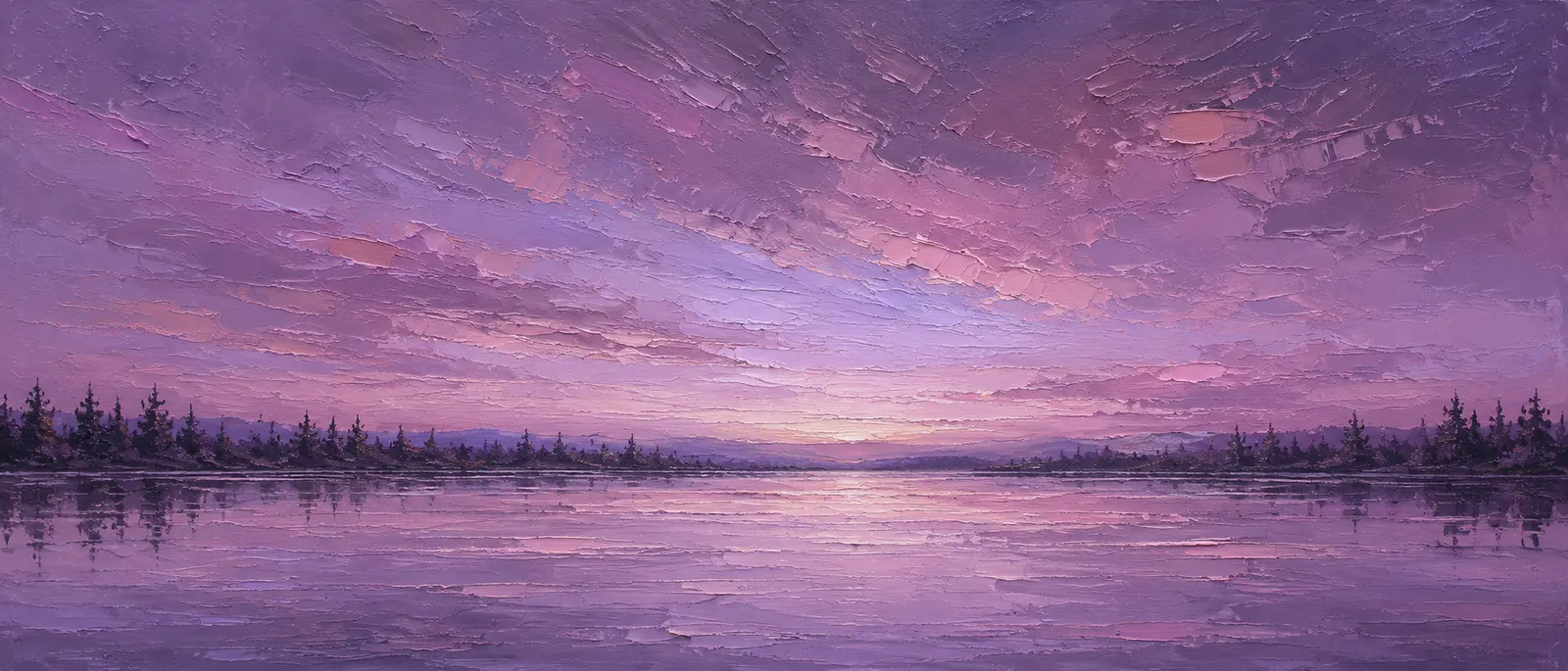 Purple oil painting of a serene lake at sunset