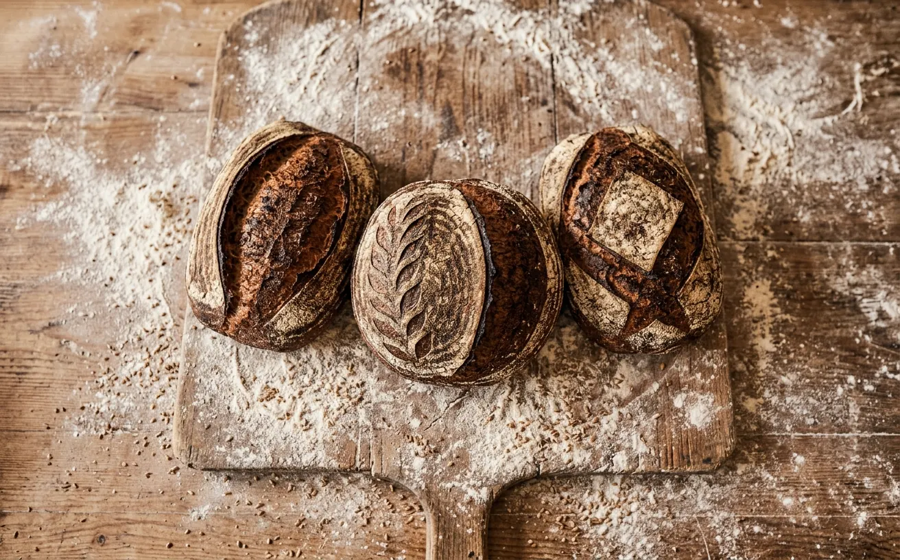 Overhead shot of crusty sourdough loaves on a floured wooden board